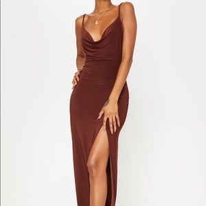 PrettyLittleThing Cowl Neck Dress | Size 0 | Brown